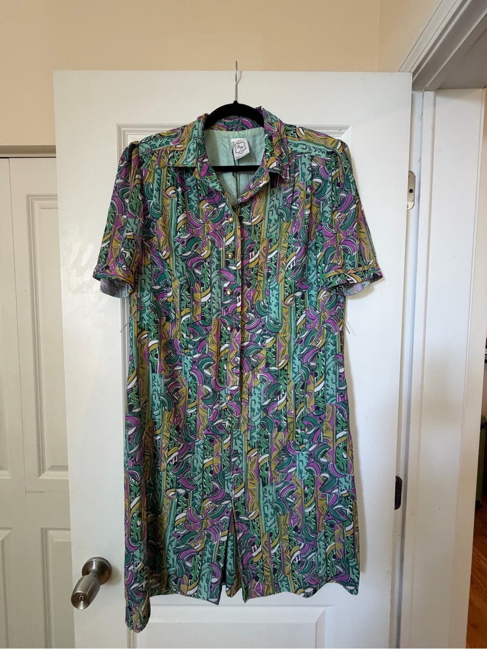 Short Sleeve Button-Front Green Patterned Women's Dress